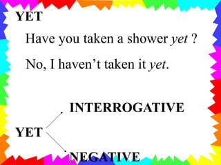 YET
Have you taken a shower yet ?
No, I haven’t taken it yet.
INTERROGATIVE
YET
NEGATIVE
 