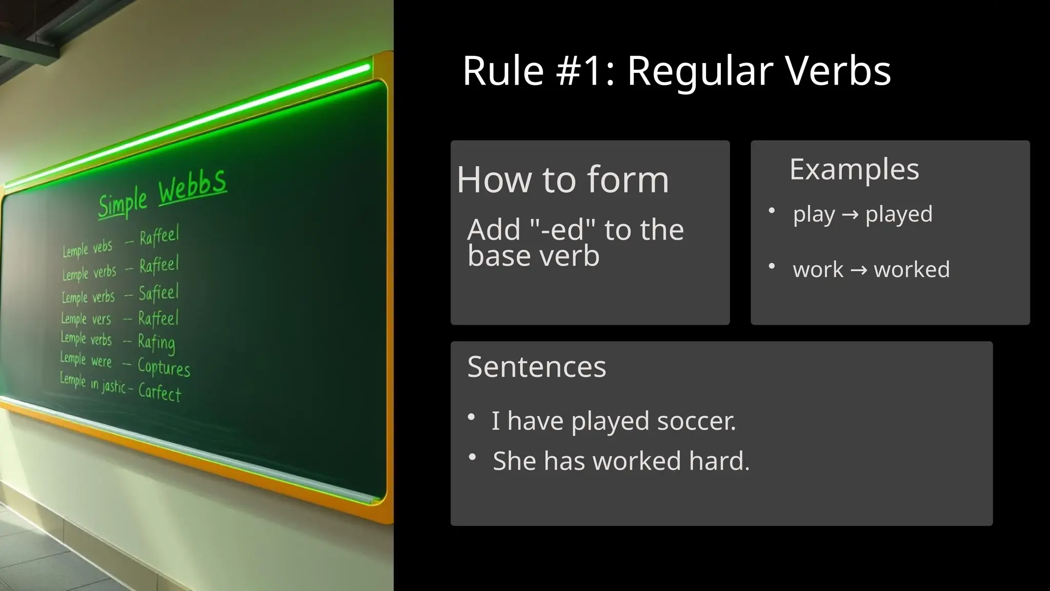 Rule #1: Regular Verbs
How to form
Add "-ed" to the
base verb
Examples
• play played
→
• work worked
→
Sentences
• I have played soccer.
• She has worked hard.
 