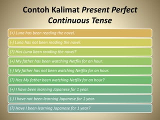 Contoh Kalimat Present Perfect
Continuous Tense
(+) Luna has been reading the novel.
(-) Luna has not been reading the novel.
(?) Has Luna been reading the novel?
(+) My father has been watching Netflix for an hour.
(-) My father has not been watching Netflix for an hour.
(?) Has My father been watching Netflix for an hour?
(+) I have been learning Japanese for 1 year.
(-) I have not been learning Japanese for 1 year.
(?) Have I been learning Japanese for 1 year?
 