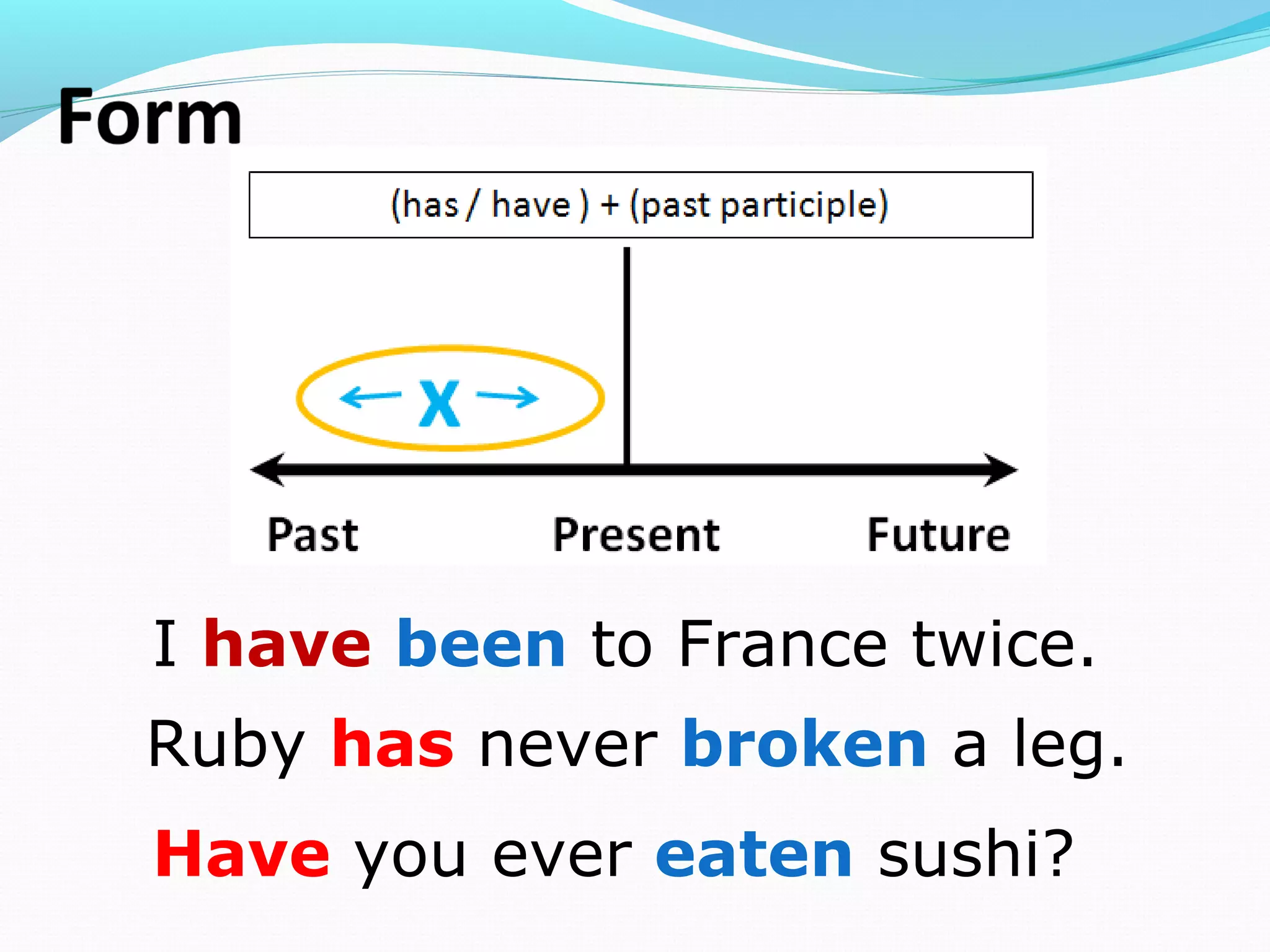 I have been to France twice.
Ruby has never broken a leg.
Have you ever eaten sushi?
 