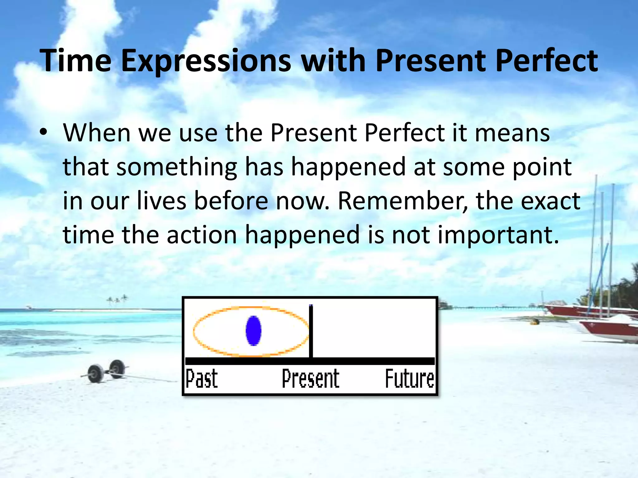 Time Expressions with Present Perfect
• When we use the Present Perfect it means
  that something has happened at some point
  in our lives before now. Remember, the exact
  time the action happened is not important.
 