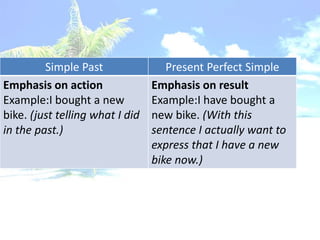Simple Past                Present Perfect Simple
Emphasis on action               Emphasis on result
Example:I bought a new           Example:I have bought a
bike. (just telling what I did   new bike. (With this
in the past.)                    sentence I actually want to
                                 express that I have a new
                                 bike now.)
 