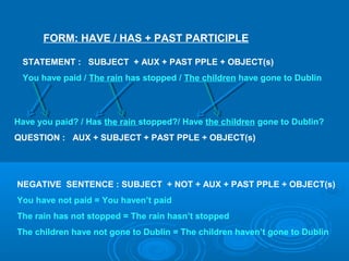 FORM: HAVE / HAS + PAST PARTICIPLE
STATEMENT : SUBJECT + AUX + PAST PPLE + OBJECT(s)
You have paid / The rain has stopped / The children have gone to Dublin
Have you paid? / Has the rain stopped?/ Have the children gone to Dublin?
QUESTION : AUX + SUBJECT + PAST PPLE + OBJECT(s)
NEGATIVE SENTENCE : SUBJECT + NOT + AUX + PAST PPLE + OBJECT(s)
You have not paid = You haven’t paid
The rain has not stopped = The rain hasn’t stopped
The children have not gone to Dublin = The children haven’t gone to Dublin
 