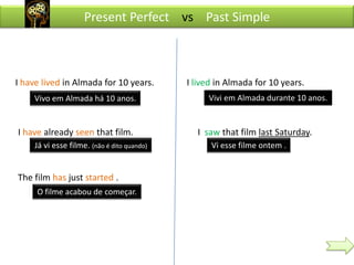 Present Perfect vs Past Simple



I have lived in Almada for 10 years.         I lived in Almada for 10 years.
    Vivo em Almada há 10 anos.                    Vivi em Almada durante 10 anos.


I have already seen that film.                 I saw that film last Saturday.
     Já vi esse filme. (não é dito quando)         Vi esse filme ontem .


The film has just started .
     O filme acabou de começar.
 