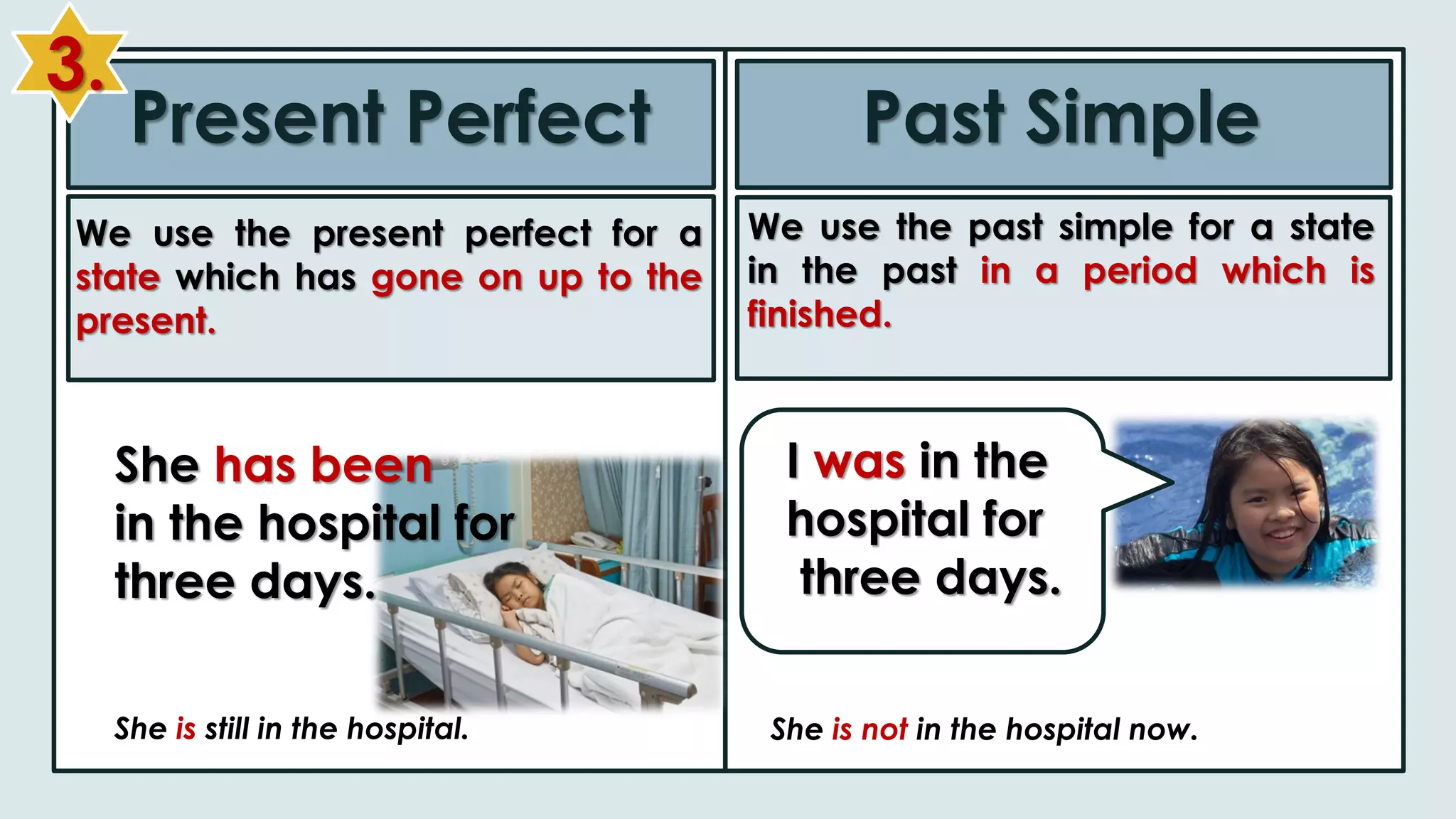 Present Perfect Past Simple
We use the present perfect for a
state which has gone on up to the
present.
We use the past simple for a state
in the past in a period which is
finished.
She has been
in the hospital for
three days.
I was in the
hospital for
three days.
She is not in the hospital now.
3.
She is still in the hospital.
 