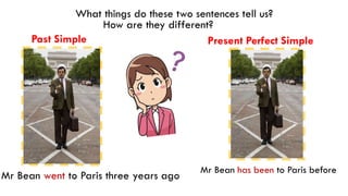 Present Perfect Simple
Past Simple
Mr Bean went to Paris three years ago
Mr Bean has been to Paris before
What things do these two sentences tell us?
How are they different?
 
