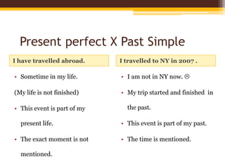 Present perfect X Past Simple
I have travelled abroad.

I travelled to NY in 2007 .

• Sometime in my life.

• I am not in NY now. 

(My life is not finished)

• My trip started and finished in

• This event is part of my
present life.
• The exact moment is not
mentioned.

the past.
• This event is part of my past.
• The time is mentioned.

 