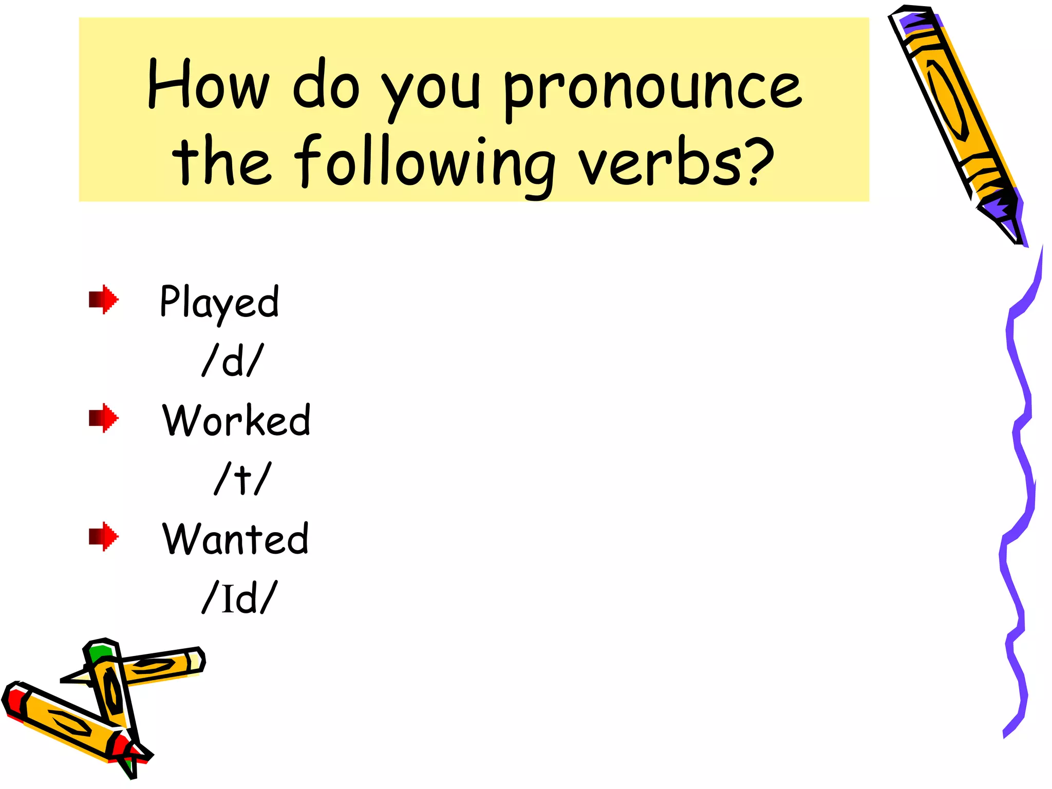 How do you pronounce
the following verbs?
Played
/d/
Worked
/t/
Wanted
/Ιd/
 