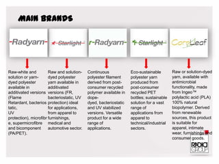 MAIN BRANDS
Raw-white and
solution or yarn-
dyed polyester
available in
additivated versions
(Flame
Retardant, bacterios
tatic,
UV
protection), microfibr
e, supermicrofibre
and bicomponent
(PA/PET).
Raw and solution-
dyed polyester
yarn available in
additivated
versions (FR,
bacteriostatic, UV
protection) ideal
for applications,
from apparel to
furnishings,
medical and
automotive sector.
Continuous
polyester filament
derived from post-
consumer recycled
polymer available in
dope-
dyed, bacteriostatic
and UV stabilized
versions. Versatile
product for a wide
range of
applications.
Eco-sustainable
polyester yarn
produced from
post-consumer
recycled PET
bottles; sustainable
solution for a vast
range of
applications from
apparel to
technical/industrial
sectors.
Raw or solution-dyed
yarn, available with
antimicrobial
functionality, made
from Ingeo™
polylactic acid (PLA)
100% natural
biopolymer. Derived
from renewable
sources, this product
is suitable for
apparel, intimate
wear, furnishings and
consumer goods.
 