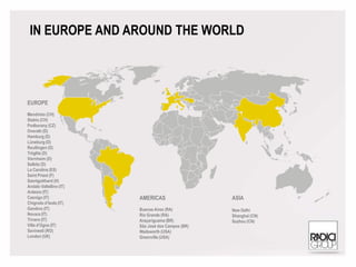 IN EUROPE AND AROUND THE WORLD
EUROPE
Mendrisio (CH)
Stabio (CH)
Podborany (CZ)
Overath (D)
Hamburg (D)
Lüneburg (D)
Reutlingen (D)
Tröglitz (D)
Viernheim (D)
Selbitz (D)
La Carolina (ES)
Saint Priest (F)
Szentgotthard (H)
Andalo Valtellino (IT)
Ardesio (IT)
Casnigo (IT)
Chignolo d’Isola (IT)
Gandino (IT)
Novara (IT)
Trivero (IT)
Villa d’Ogna (IT)
Savinesti (RO)
London (UK)
AMERICAS
Buenos Aires (RA)
Rio Grande (RA)
Araçariguama (BR)
São José dos Campos (BR)
Wadsworth (USA)
Greenville (USA)
ASIA
New Delhi
Shanghai (CN)
Suzhou (CN)
 