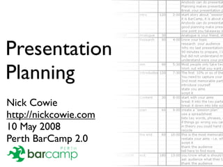 Presentation
Planning
Nick Cowie
http://nickcowie.com
10 May 2008
Perth BarCamp 2.0
 