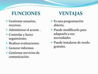 FUNCIONES VENTAJAS
 Gestionar usuarios,
recursos.
 Administrar el acceso .
 Controlar y hacer
seguimiento.
 Realizar evaluaciones.
 Generar informes.
 Gestionar servicios de
comunicación.
 Es una programación
abierta.
 Puede modificarlo para
adaptarlo a sus
necesidades
 Puede instalarse de modo
gratuito.
 
