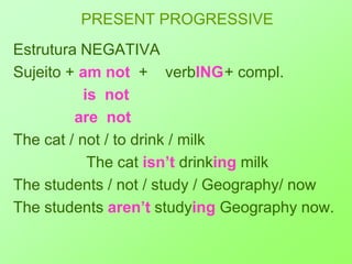PRESENT PROGRESSIVEEstrutura NEGATIVASujeito + am not+    verbING+ compl.is  not		      are  notThe cat / not / to drink / milkThe cat isn’t drinking milkThe students / not / study / Geography/ nowThe students aren’t studying Geography now.
