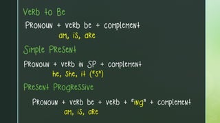 Verb to Be
Simple Present
Present Progressive
Pronoun + verb be + complement
am, is, are
Pronoun + verb in SP + complement
he, she, it (“s”)
Pronoun + verb be + verb + “ing” + complement
am, is, are
