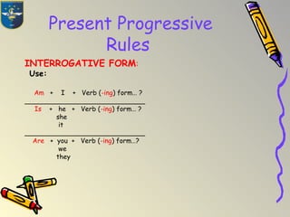 Present Progressive
Rules
INTERROGATIVE FORM:
Use:
Am + I + Verb (-ing) form… ?
_____________________________
Is + he + Verb (-ing) form… ?
she
it
_____________________________
Are + you + Verb (-ing) form…?
we
they
 