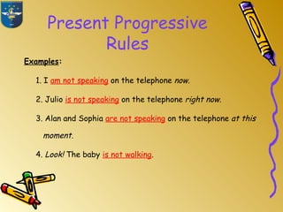 Present Progressive
Rules
Examples:
1. I am not speaking on the telephone now.
2. Julio is not speaking on the telephone right now.
3. Alan and Sophia are not speaking on the telephone at this
moment.
4. Look! The baby is not walking.
 