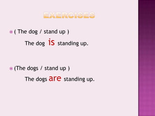 exercises( The dog / stand up ) The dog  is standing up.(The dogs / stand up )The dogs arestanding up.