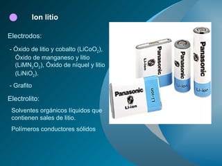    Ion litio - Óxido de litio y cobalto (LiCoO 2 ), Óxido de manganeso y litio (LiMN 2 O 2 ), Óxido de níquel y litio (LiNiO 2 ). - Grafito Electrodos: Electrolito: Solventes orgánicos líquidos que contienen sales de litio. Polímeros conductores sólidos 