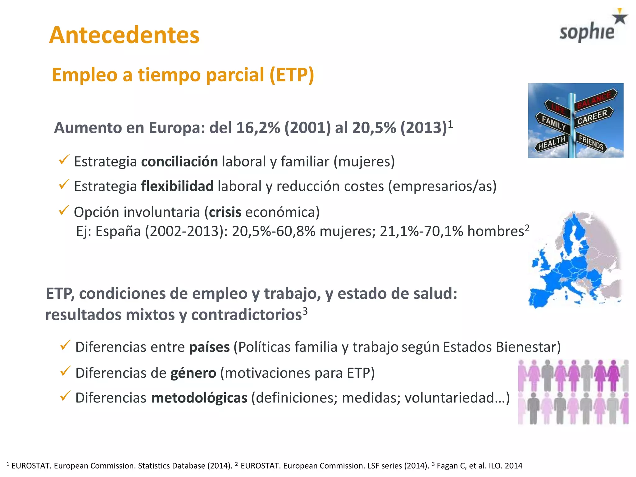 Antecedentes
Empleo a tiempo parcial (ETP)
 Estrategia conciliación laboral y familiar (mujeres)
ETP, condiciones de empleo y trabajo, y estado de salud:
resultados mixtos y contradictorios3
 Diferencias de género (motivaciones para ETP)
 Diferencias metodológicas (definiciones; medidas; voluntariedad…)
 Diferencias entre países (Políticas familia y trabajo según Estados Bienestar)
Aumento en Europa: del 16,2% (2001) al 20,5% (2013)1
1 EUROSTAT. European Commission. Statistics Database (2014). 2 EUROSTAT. European Commission. LSF series (2014). 3 Fagan C, et al. ILO. 2014
 Estrategia flexibilidad laboral y reducción costes (empresarios/as)
 Opción involuntaria (crisis económica)
Ej: España (2002-2013): 20,5%-60,8% mujeres; 21,1%-70,1% hombres2
 