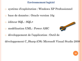 25
Environnement logiciel
o système d’exploitation : Windows XP Professionnel
o base de données : Oracle version 10g
o éditeur SQL : SQL+
o modélisation UML : Power AMC
o développement de l’application : Outil de
développement C_Sharp (C#): Microsoft Visual Studio 2008
 