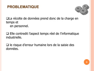 PROBLEMATIQUE
5
La récolte de données prend donc de la charge en
temps et
en personnel.
 Elle contredit l’aspect temps réel de l’informatique
industrielle.
 le risque d’erreur humaine lors de la saisie des
données.
 