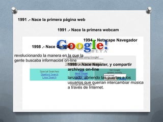 1991 .- Nace la primera página web

                      1991 .- Nace la primera webcam

                                   1994 .- Netscape Navegador
         1998 .- Nace Google!

revolucionando la manera en la que la
gente buscaba información on-line
                            1998 .- Nace Napster, y compartir
                            archivos on-line

                           lanzado, abriendo las puertas a los
                           usuarios que querían intercambiar música
                           a través de Internet.
 