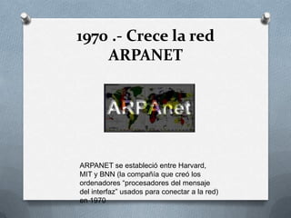 1970 .- Crece la red
    ARPANET




ARPANET se estableció entre Harvard,
MIT y BNN (la compañía que creó los
ordenadores “procesadores del mensaje
del interfaz” usados para conectar a la red)
en 1970
 