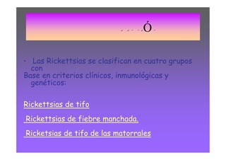 CLASIFICACIÓN

• Las Rickettsias se clasifican en cuatro grupos
  con
Base en criterios clínicos, inmunológicas y
  genéticos:

Rickettsias de tifo
Rickettsias de fiebre manchada.
Ricketsias de tifo de las matorrales
 