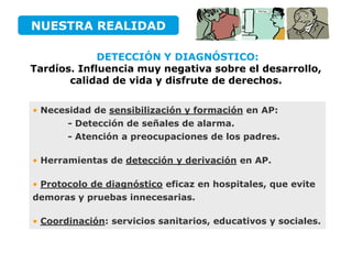 NUESTRA REALIDAD

             DETECCIÓN Y DIAGNÓSTICO:
Tardíos. Influencia muy negativa sobre el desarrollo,
       calidad de vida y disfrute de derechos.


• Necesidad de sensibilización y formación en AP:
       - Detección de señales de alarma.
       - Atención a preocupaciones de los padres.

• Herramientas de detección y derivación en AP.

• Protocolo de diagnóstico eficaz en hospitales, que evite
demoras y pruebas innecesarias.

• Coordinación: servicios sanitarios, educativos y sociales.
 