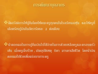 การพัฒนาบุคลากร

จัดสวัสดิการให้กูยืมโดยให้คณะครูทุกคนในโรงเรียนลงหุน และให้ครูท่ี
                  ้                                 ้
 เดอดรอนกูเ้ งินในอัตราร้อยละ 2 ตอเดอน
   ื ้                           ่ ื


นําดอกผลในการกูยืมเงินไปใช้จ่ายในการช่วยเหลือครู และครอบครัว
                       ้
 เช่น เมื่อครูเจ็บป่ วย , เกิดอุบติเหตุ บิดา มารดาเสียชีวต โดยนําเงิน
                                 ั                       ิ
 ดอกผลไปชวยเพ่ือแบงเบาภาระครู
            ่            ่
 