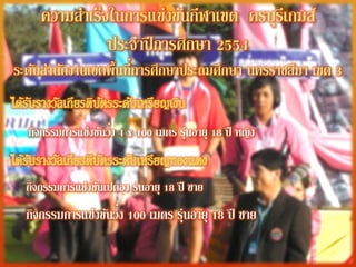 ความสําเร็จในการแข่งขันกีฬาเขต ครบุรเี กมส์
                ประจําปี การศึกษา 2554
ระดับสํานักงานเขตพื้นที่การศึกษาประถมศึกษา นครราชสีมา เขต 3


  กิจกรรมการแข่งขันวิ่ง 4 x 100 เมตร รุ่นอายุ 18 ปี หญง
                                                      ิ


  กิจกรรมการแข่งขันเปตอง รุ่นอายุ 18 ปี ชาย
  กิจกรรมการแข่งขันวิ่ง 100 เมตร ร่นอายุ 18 ปี ชาย
                                   ุ
 