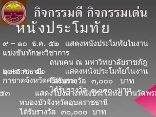 หนังประโมทัย ๙ – ๑๐  ธ . ค .  ๕๒ แสดงหนังประโมทัยในงานแข่งขันทักษะวิชาการ ถนนคน ณ มหาวิทยาลัยราชภัฎอุบลราชธานี ได้รับรางวัล  ๓ , ๐๐๐  บาท ๒๙ ธ . ค .  ๕๒ แสดงหนังประโมทัยในงานกาชาดจังหวัดศรีสะเกษ ได้รับรางวัล  ๑ , ๐๐๐  บาท ๑ มี . ค .  ๕๓ แสดงโปงลางหนังประโมทัย งานวัดพระธาตุ หนองบัวจังหวัดอุบลราชธานี  ได้รับรางวัล  ๓๐ , ๐๐๐  บาท 