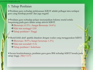 5. Tahap Penilaian
Penilaian guru terhadap pelaksanaan KBAT adalah pelbagai iaitu terdapat
guru yang bersikap positif dan juga negatif.
Penilaian guru terhadap pelajar menunjukkan bahawa murid terlalu
bergantung pada guru dalam setiap aktiviti KBAT.
(Bersetuju: 61.9% ; Sangat Bersetuju: 14.6%)
Nilai min tertinggi=3.85
Tahap penilaian= Tinggi
Murid lebih aktif apabila diajukan dengan soalan yang menggunakan KBAT.
(Bersetuju: 38.9%; Sangat bersetuju: 1.3%)
Nilai min terendah=3.16
Tahap penilaian= Sederhana
Secara keseluruhannya, penilaian guru-guru BM terhadap KBAT berada pada
tahap tinggi. (Min=3.57)
 