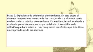 Etapa 2. Expediente de evidencias de enseñanza. En esta etapa el
docente recupera una muestra de los trabajos de sus alumnos como
evidencia de su práctica de enseñanza. Esta evidencia será analizada y
explicada por el docente, como parte del ejercicio cotidiano de
reflexión que hace sobre su práctica y sobre los efectos que ésta tiene
en el aprendizaje de los alumnos
 