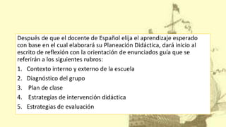 Después de que el docente de Español elija el aprendizaje esperado
con base en el cual elaborará su Planeación Didáctica, dará inicio al
escrito de reflexión con la orientación de enunciados guía que se
referirán a los siguientes rubros:
1. Contexto interno y externo de la escuela
2. Diagnóstico del grupo
3. Plan de clase
4. Estrategias de intervención didáctica
5. Estrategias de evaluación
 