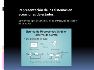 Representación de los sistemas en
ecuaciones de estados.
Se usan tres tipos de variables, los de entrada, los de salida y
los de estado
 