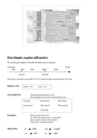 Past Simple: regular affirmative
We use the past simple to describe finished events in the past.

Yesterday                                                                    Today
     7pm         8pm            9pm            10pm          11pm

               Started                         finished

Yesterday I watched a great film on TV. It started at 8pm and finished at 10.15 pm


Regular verbs       Watch + ed             start + ed



STATEMENTS                      John played football last week
                                My grandparents moved to Scotland last year
                    I started                 He started             We started

                    You started               She started            They started

                                              It started

Examples:                       The bus arrived at 9.30
                                In 1998 I decided to move to Australia
                                Kate stayed in Turkey last summer
                                Yesterday I walked to school


SPELLING                 fit      fitted           stop      stopped

                         cry       cried           try       tried
 