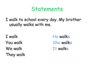 Statements I walk to school every day. My brother usually walks with me. I walk He  walk s You walk She  walk s We walk It  walk s They walk 
