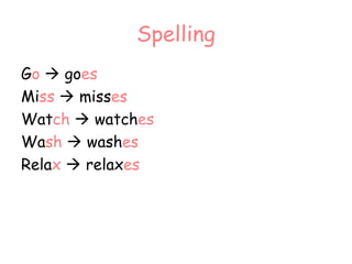 Spelling G o     go es Mi ss    miss es Wat ch     watch es Wa sh     wash es Rela x     relax es 
