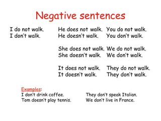 Negative sentences I do not walk. He does not walk. You do not walk. I don’t walk. He doesn’t walk. You don’t walk. She does not walk. We do not walk. She doesn’t walk. We don’t walk. It does not walk. They do not walk. It doesn’t walk. They don’t walk. Examples : I don’t drink coffee. They don’t speak Italian. Tom doesn’t play tennis. We don’t live in France. 