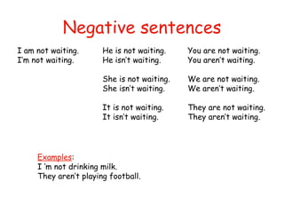 Negative sentences I am not waiting. He is not waiting. You are not waiting. I’m not waiting. He isn’t waiting. You aren’t waiting. She is not waiting. We are not waiting. She isn’t waiting. We aren’t waiting. It is not waiting. They are not waiting. It isn’t waiting. They aren’t waiting. Examples : I ‘m not drinking milk. They aren’t playing football. 