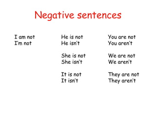 Negative sentences I am not He is not You are not I’m not He isn’t You aren’t She is not We are not   She isn’t  We aren’t It is not They are not It isn’t They aren’t 