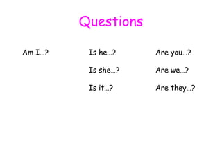 Questions Am I…? Is he…? Are you…? Is she…? Are we…? Is it…? Are they…? 