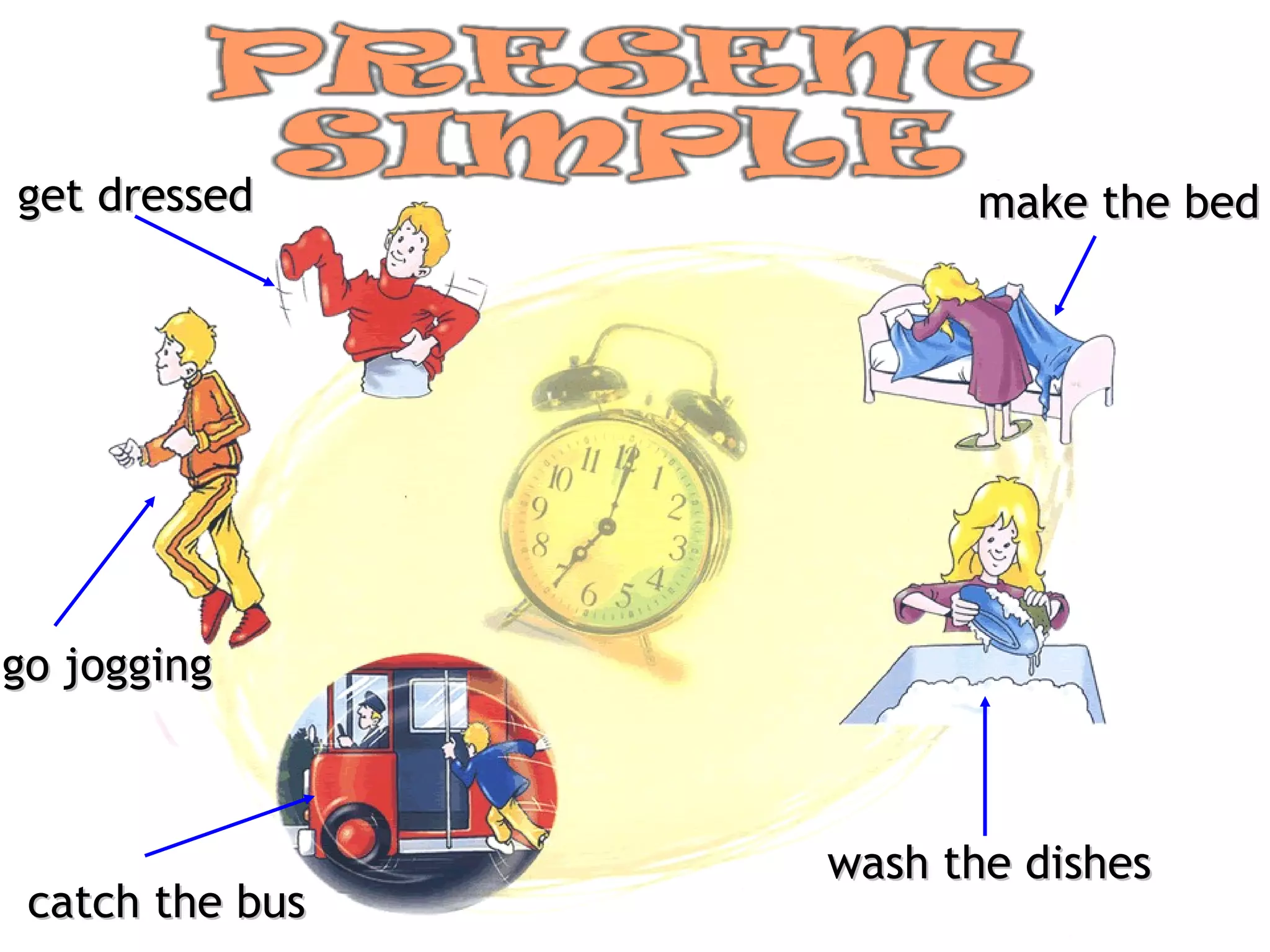 get dressed go jogging catch the bus wash the dishes make the bed 