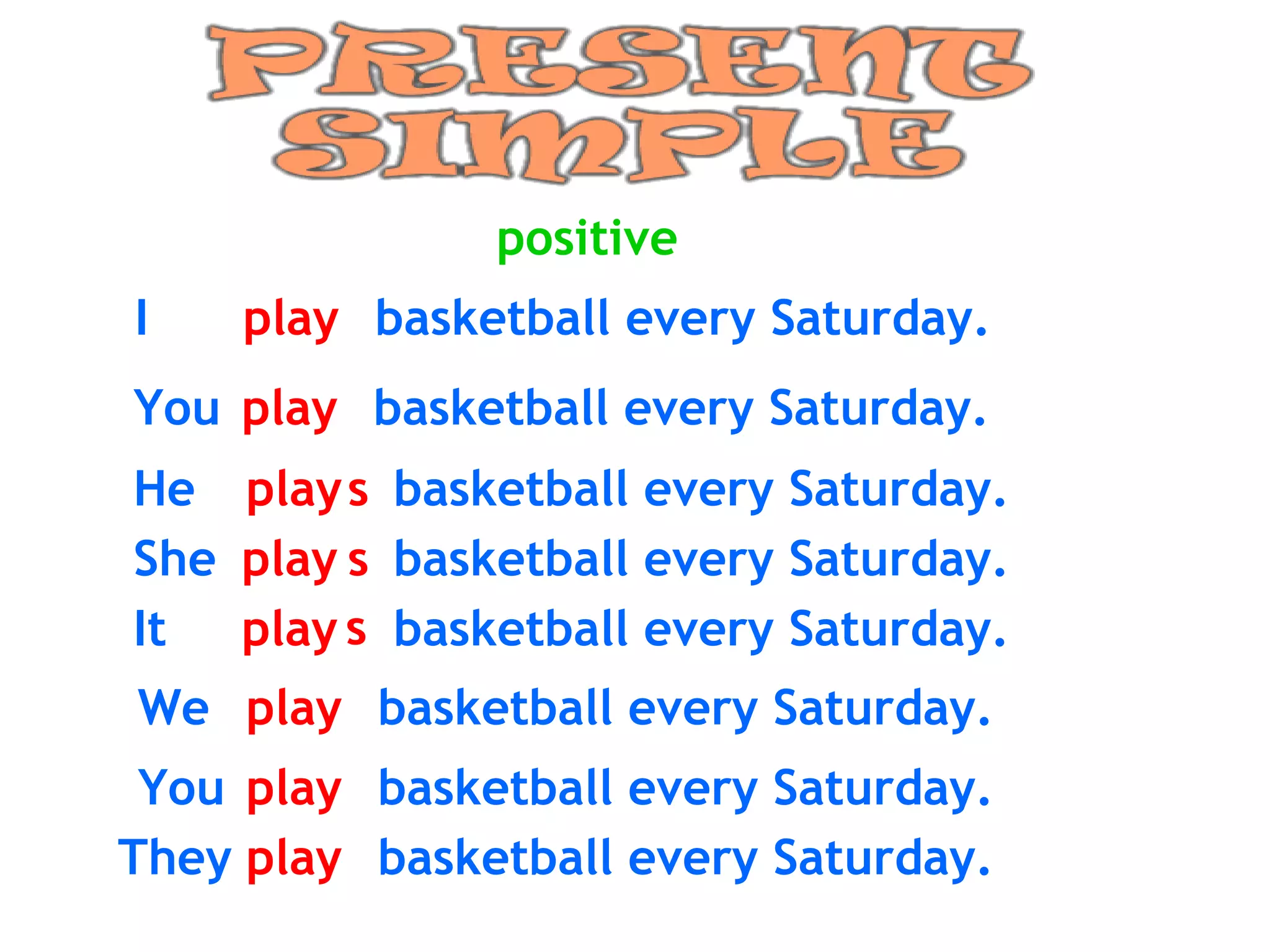 positive I play basketball every Saturday. You play basketball every Saturday. He play basketball every Saturday. She play basketball every Saturday. It play basketball every Saturday. We play basketball every Saturday. You play basketball every Saturday. They play basketball every Saturday. s s s 