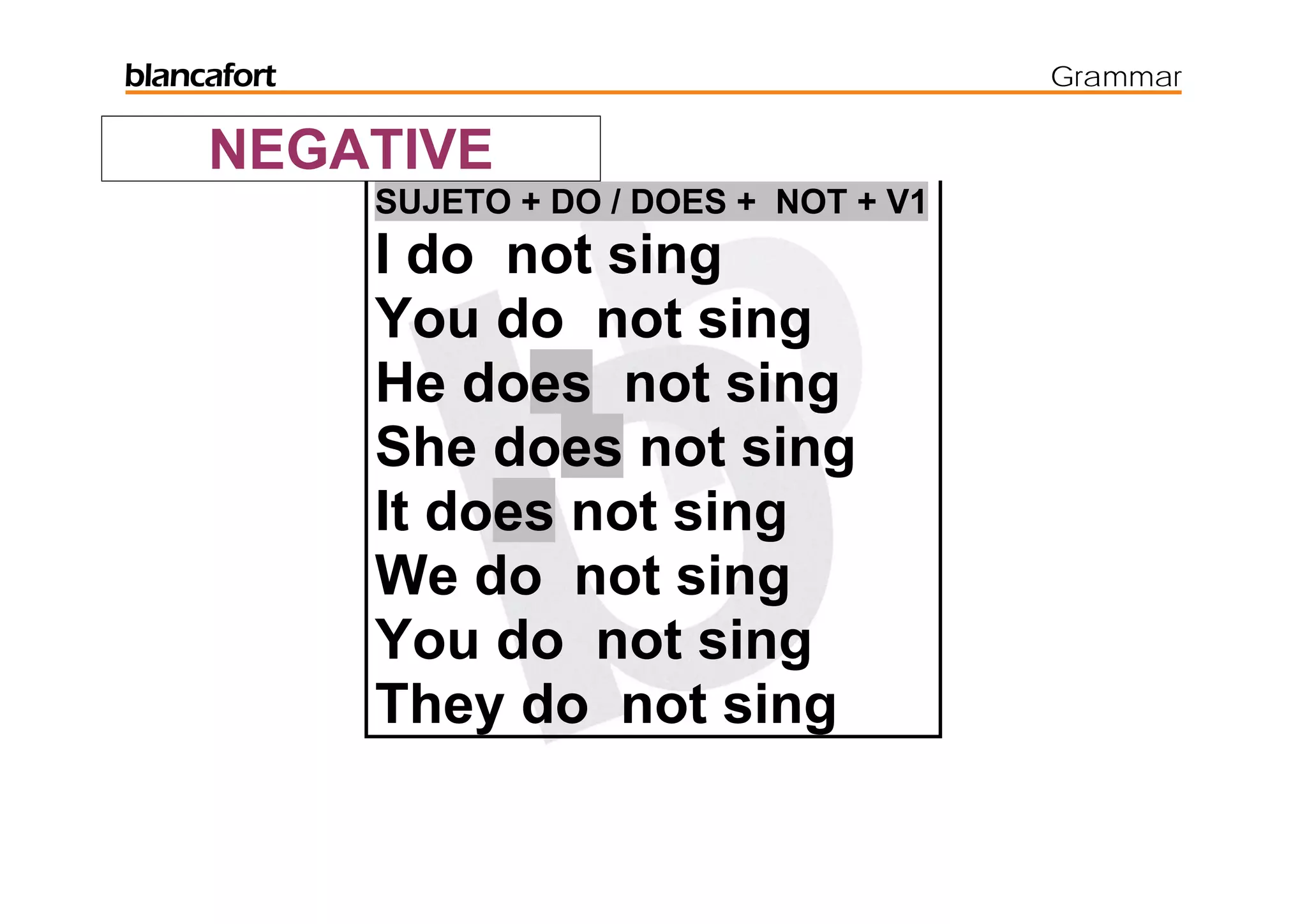 blancafort                                   Grammar

     NEGATIVE
             SUJETO + DO / DOES + NOT + V1
             I do not sing
             You do not sing
             He does not sing
             She does not sing
             It does not sing
             We do not sing
             You do not sing
             They do not sing
 