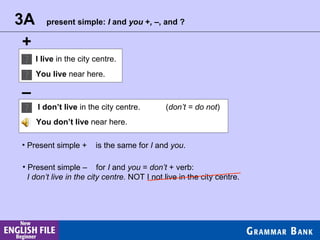 3A present simple:  I  and  you  + ,  –, and ? +   – Present simple +  is the same for  I  and  you . I live  in the city centre. You live  near here. I don’t live  in the city centre. ( don’t = do not ) You don’t live  near here. Present simple –  for  I  and  you  =  don’t  + verb: I don’t live in the city centre.  NOT I not live in the city centre. 