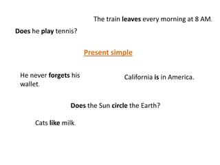 The train leaves every morning at 8 AM.
Does he play tennis?

                        Present simple

 He never forgets his               California is in America.
 wallet.

                   Does the Sun circle the Earth?

      Cats like milk.
 