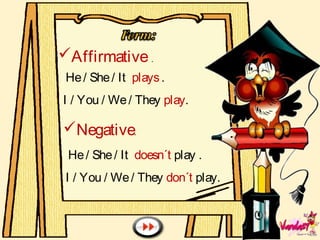 Affirmative .
He/ She/ It plays.
I / You / We/ They play.
Negative.
He/ She/ It doesn´t play .
I / You / We/ They don´t play.
 