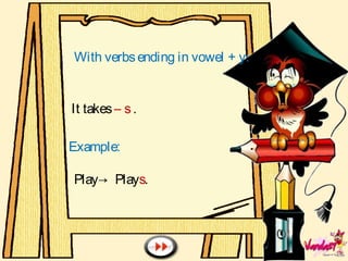 With verbsending in vowel + y:
It takes– s.
Example:
Play→ Plays.
 